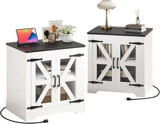 Farmhouse Side Table - 24" Large Night Stand Set 2, Wood Nightstand with Charging Station, Bedside Table with Adjustable Shelf, End Tables Living Room, Rustic Bed Side Tables Bedroom, White-Ruum Studio Home