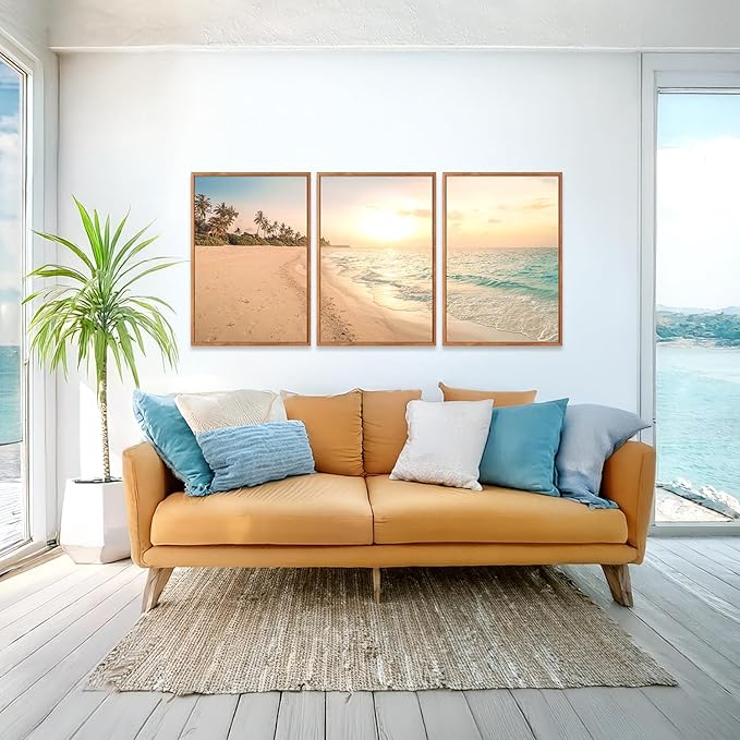 Aurlan Tropical Beach Sunset Framed Wall Art(16"x24"), 3PCS Coastal Ocean Island Canvas Artwork, Vintage Seascape Landscape Scenery Decor Prints for Office Home-Ruum Studio Home