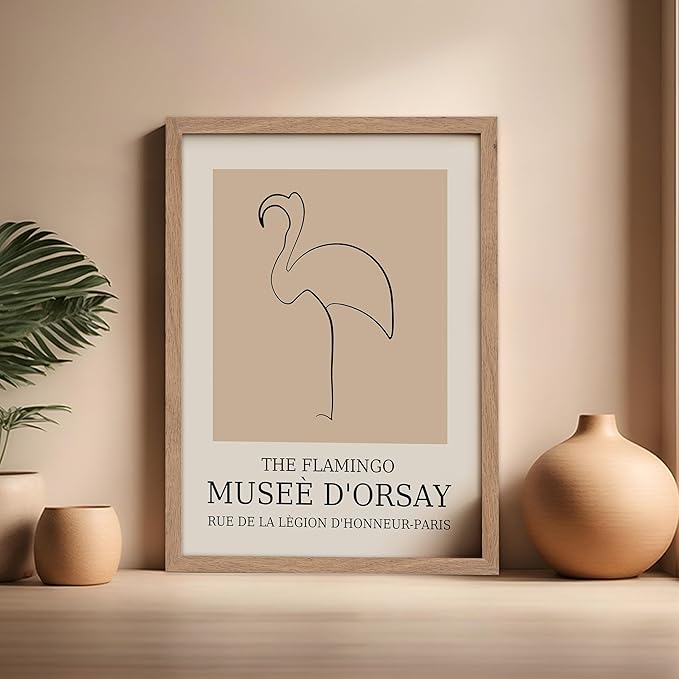 Poster Master Vintage Poster - Retro Minimalist Print - Gift for Artist, Housewarming - Flamingo, Line Drawing, Sketch, Abstract - Wall Decor for Living Room, Bedroom, 16x20 Beige Framed-Ruum Studio Home
