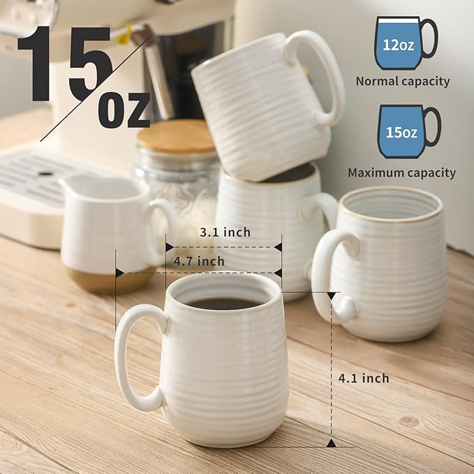Hasense Coffee Mugs, 12 Ounce Ceramic Coffee Cups Set of 4, Latte Mug with Handle for Milk, Cocoa, Cappuccino, Tea Cup for Wedding Gift, Dishwasher Microwave Safe, Clay-Infused White-Ruum Studio Home