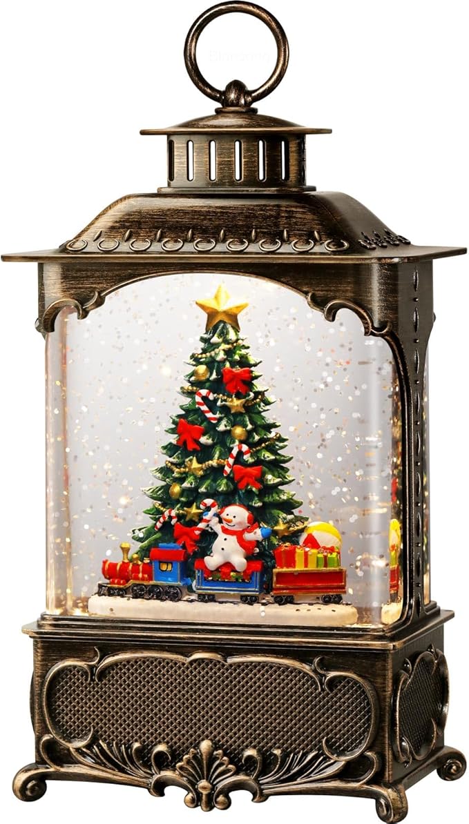 Christmas Tree Snow Globe Lantern Christmas Decorations Gifts Auto Snowfall Glitter Music Collection Snowman Train Candy Cane with 6H Timer USB/Battery Powered 10.2 inch-Ruum Studio Home