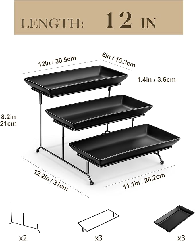 MALACASA 3 Tier Serving Trays for Party, Stoneware Serving Platters and Trays, 12 Inch Tiered Tray Stand, Fruit Tray, Trays for Serving Food, Black Dessert Stand with Collapsible Sturdier Metal Rack-Ruum Studio Home