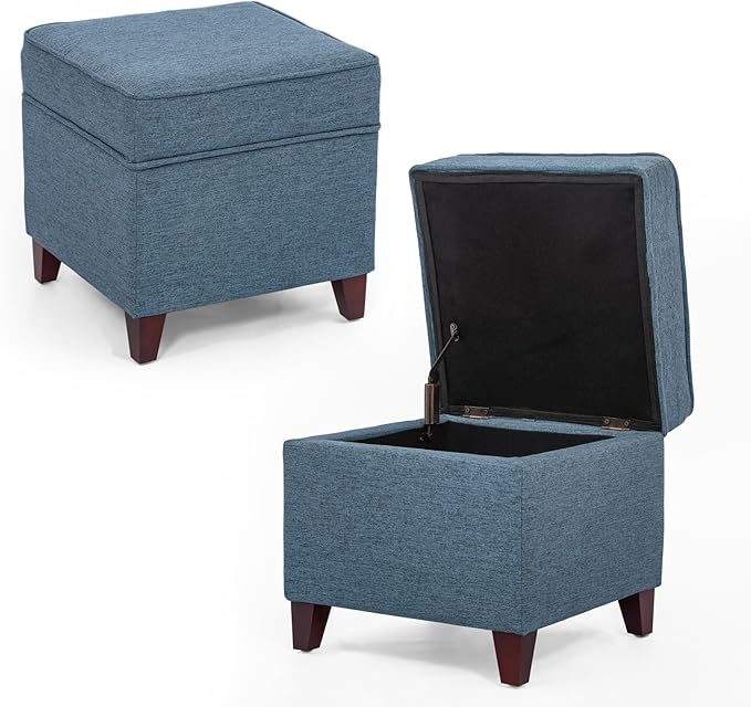 Adeco 17" Square Ottoman with Storage, Small Blue Storage Ottoman Foot Rest with Hinged Lid & Solid Wood Legs, Linen Fabric Foot Stool for Living Room & Bedroom-Ruum Studio Home