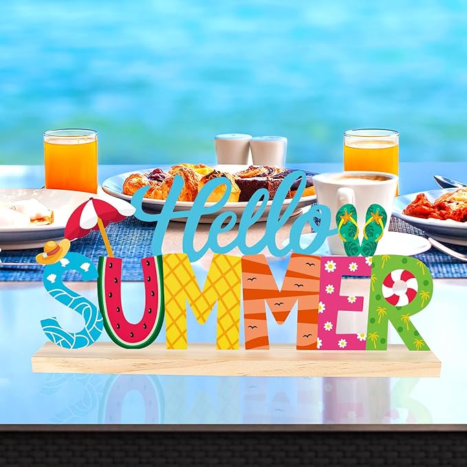 COCHIE Metal Hello Summer Sign, Summer Decorations for Home, Office, Shelf, Mantel, Indoor, Beach Slippers Tabletop Centerpiece Decoration, Watermelon Red Decor (Beach)-Ruum Studio Home