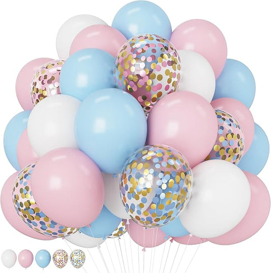 Pink and Blue Balloons 12 Inch Pastel Light Baby Blue Pink White Party Balloon with Confetti Latex Balloons for Gender Reveal Boy or Girl Princess Birthday Bridal Baby Shower Party Decorations-Ruum Studio Home