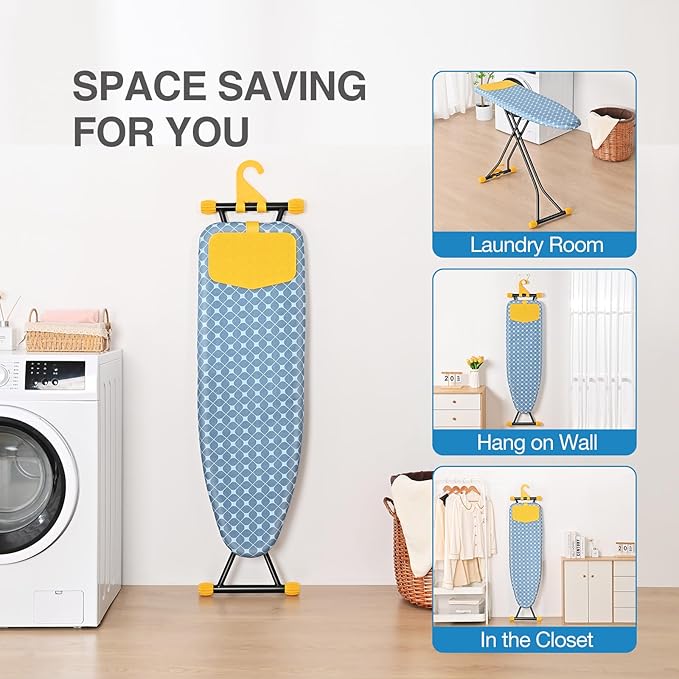 APEXCHASER Ironing Board with Iron Rest, Compact and Space Saver Iron Board, Extra Thick Cover, Height Adjustable, Wall Mount & Closet Hanger 13x43 Yellow-Ruum Studio Home