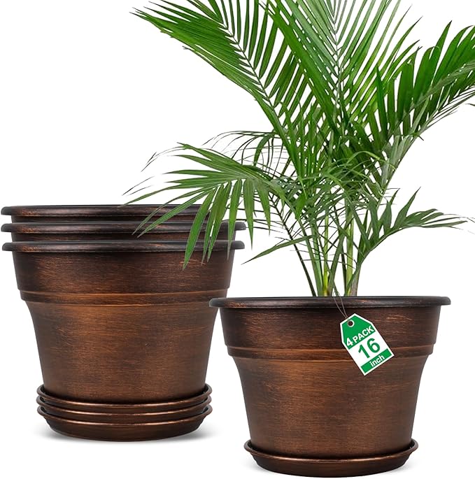 Plant Planters Pots Set of 4 Pack 16 Inch，Large Plastic Flower Pot for Indoor Plants with Drainage Holes & Trays, Resin Decorative Container Sets with Saucer for House Outdoor Garden Plant Copper-Ruum Studio Home