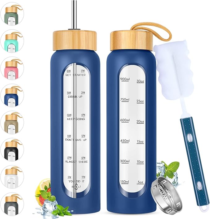 32 oz Glass Water Bottle with Straw - Motivational Time Marker & Silicone Sleeve - Reusable Tumbler Includes 2 Bamboo Lids & Fruit Infuser - 1 Pack-Ruum Studio Home