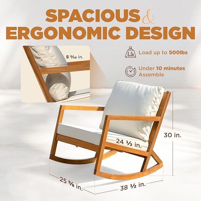 IDZO Club Rocking Chair 500lbs Capacity with Inclined Backrest, Thick Foam Cushion, Solid Acacia Wood Rocker for Patio, Backyard, Balcony, Porch-Ruum Studio Home