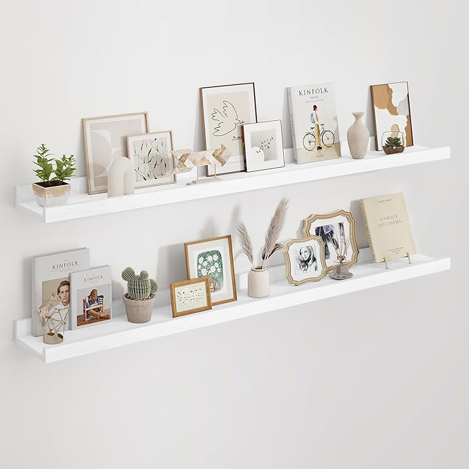 Floating Picture Ledge Shelves 48 Inch Solid Oak Wood Set of 2, Rustic Wall Storage Shelves with Lip, Kids Bookshelf, Photo & Picture Ledge Shelves for Bedroom, Living Room, Kitchen-Ruum Studio Home