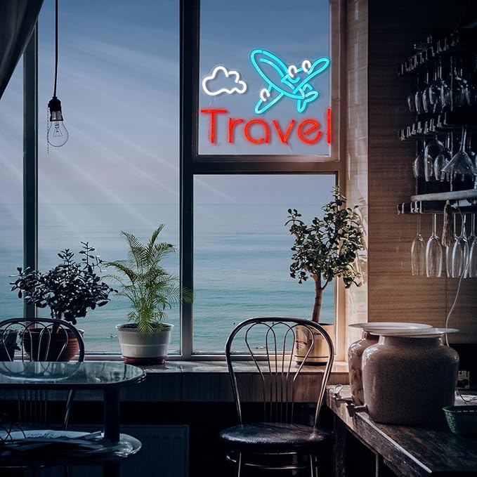 Travel Neon Sign USB Airplane LED Light Up Sign for Wall Decor Dimmable 12.2 * 16.5 In Go To Tranel Neon Light for Airport Travel Agency Bedroom(Ice Blue Red White)-Ruum Studio Home