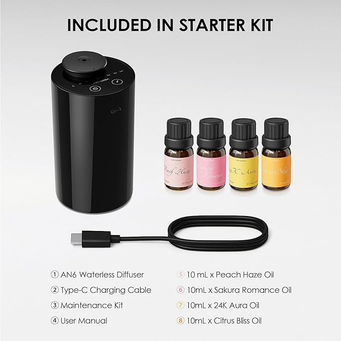 Waterless Essential Oil Diffuser Starter Kit with 4 x 10mL Fragrance Scent Oil, Battery Operated Mini Scent Air Machine Portable Diffuser for Home Car Office, AN6 Black Kit01-Ruum Studio Home