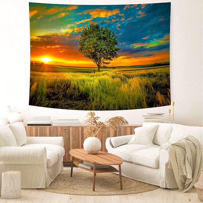 Delur Sunset Tree of Life Tapestry Forest Nature Landscape Wall Hanging Tapestry Scenic Tree Woodland Natural Sunrise Headboard for Bedroom Living Room Home Decor (59.1" x 78.7")-Ruum Studio Home