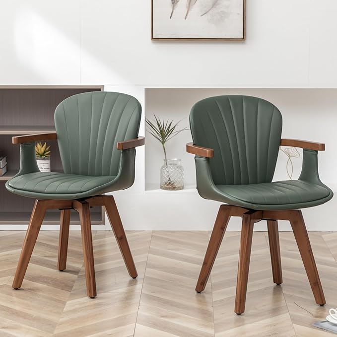 LUNLING Swivel Dining Room Chairs Set of 2, Mid Century Modern Green Faux Leather Kitchen Chairs with Arms,Bamboo Legs Side Chairs No Wheels,Accent Chair for Dining Rooms and Offices-Ruum Studio Home