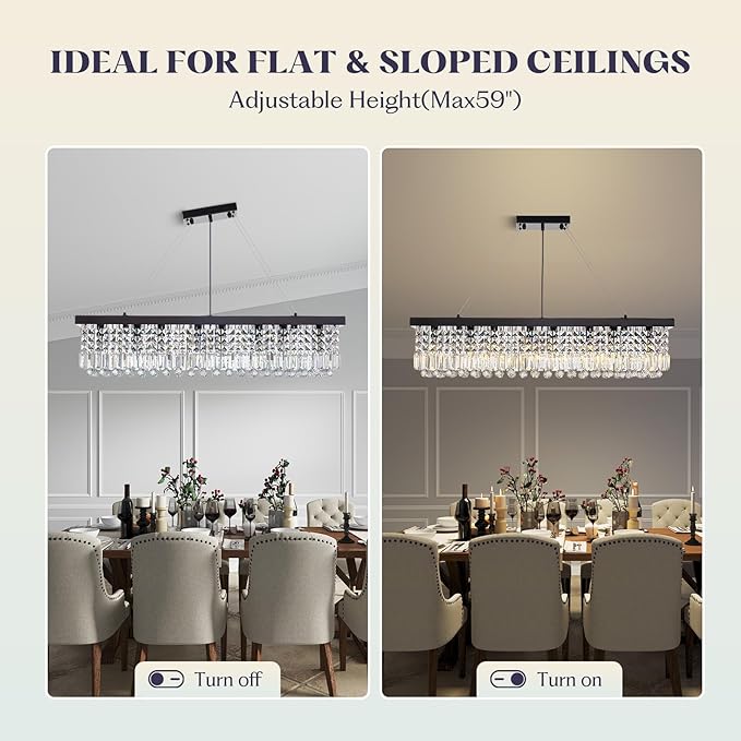 8 Light Modern Crystal Chandelier for Dining Room,Rectangular Rectangle Raindrop Crystal Light Fixture,Height Adjustable for Kitchen Island L40''xW10''xH10''-Ruum Studio Home