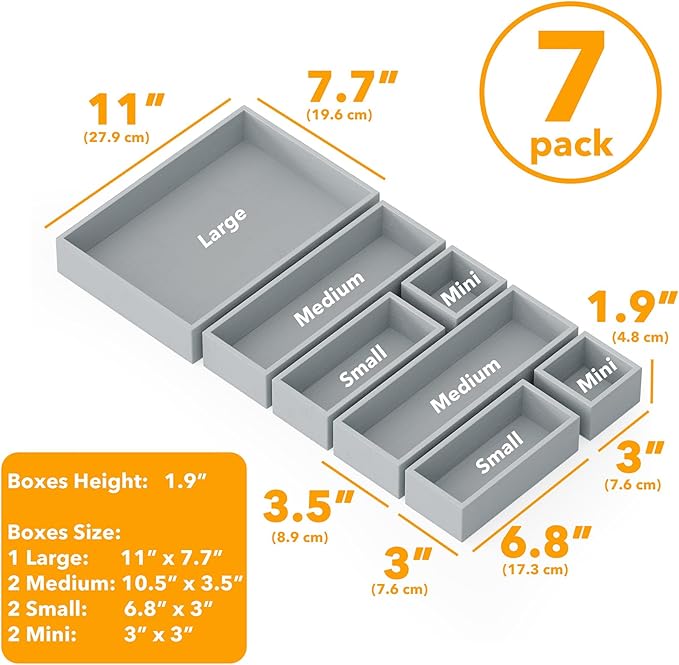 SpaceAid 7-Piece Bamboo Drawer Organizer Storage Boxes Set, Wood Tray Junk Drawer Organizers Multi-Use Divider Bins for Kitchen, Bathroom, Office Desk and Makeup Organization (7 Pack, Gray)-Ruum Studio Home