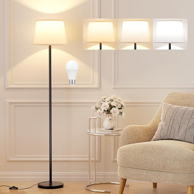 Floor Lamps for Living Room - 3 Color Temperatures Standing Lamp with White Shade, Modern Floor Lamp with LED Bulbs, Black Tall Lamp for Bedroom Office(9W Bulb Included)-Ruum Studio Home
