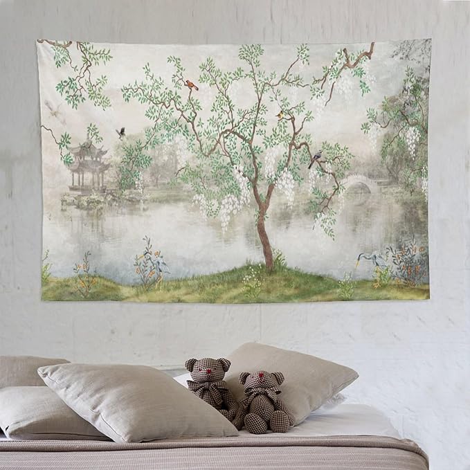 HZOHNAGO Japanese Tapestry Tree Misty Garden Lake Printed Wall Tapestry Ink Painting Wall Hanging for Bedroom Living Room Dorm 90" W x 60" H-Ruum Studio Home