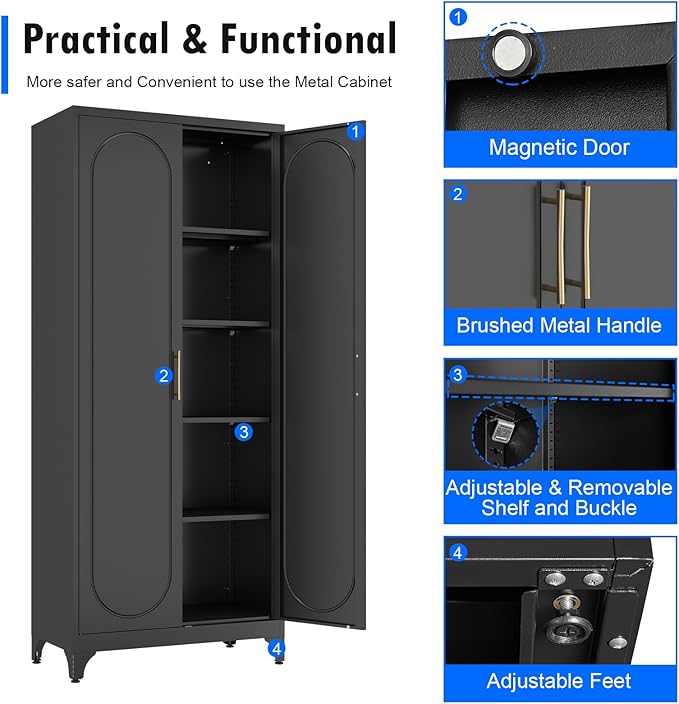 Pantry Cabinet, 75 Inch Tall Kitchen Storage Cabinet, Metal Pantry Cabinets with Doors and Adjustable Shelves, Black Freestanding Food Cupboard for Living, Dinning Room-Assembly Required-Ruum Studio Home