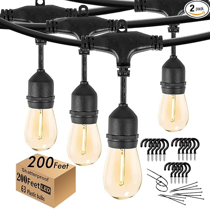 200FT String Lights for Outside LED Patio Lights Outdoor Waterproof with 63 Shatteproof Edison Lights Outdoor String Lights 2200K for Patio Gazebo Pergola Café-Ruum Studio Home