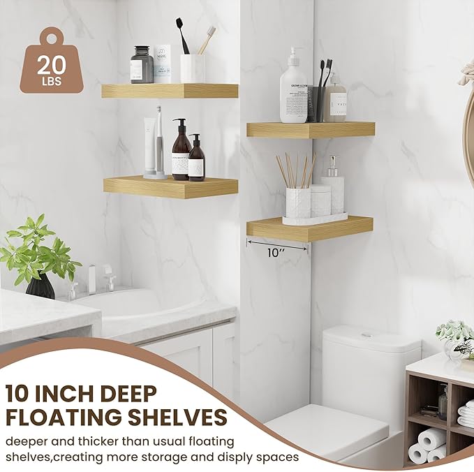 Fun Memories Floating Shelves for Wall - 10 x 16 Floating Shelf - Rustic Wood Storage Shelf - Wall Shelves with Invisible Bracket - 16" Bookshelves for Living Room & Bedroom - Oak - Set of 2-Ruum Studio Home