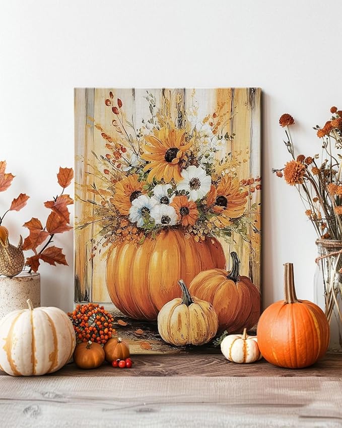 Rustic Autumn Fall Floral Pumpkin Wall Art Decor, Fall Floral Botanical Print for Thanksgiving Decorations, Autumn Wall Art Print for Farmhouse Living Room Bedroom Fall Decor, Ready to Hang-Ruum Studio Home