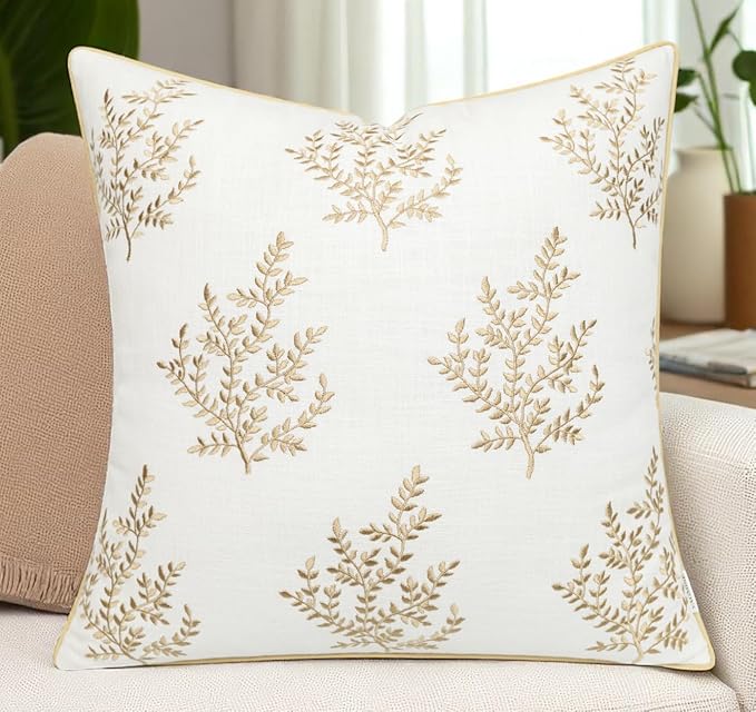 VAGMINE Embroidered Leaves Throw Pillow Cover - 18x18 Inches Square - 100% Cotton Ivory Decorative Cushion Cover - Minimalistic Pattern - Soft Neutral Accent for Sofa, Bed, Couch, Farmhouse Décor-Ruum Studio Home