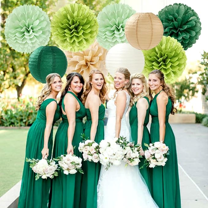Sage Green-Boho Party-Decorations Paper Flowers Lanterns - 15PCS Birthday Gender Neutral Baby Shower Tissue Pom Poms Streamers, Champagne Gold Rustic Wedding Graduation Hanging Supplies Decor Hugfond-Ruum Studio Home