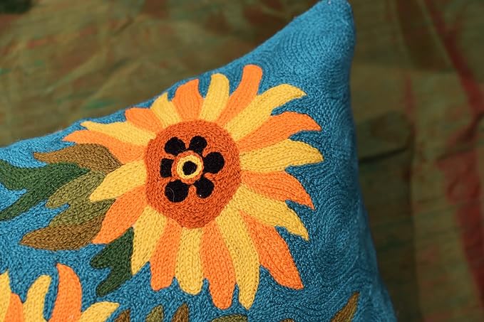 Turquoise Van Gogh Sunflower Pillow Cover Teal Floral Sofa Pillowcase Flower Chair Cushion Accent Throw Flowery Outdoor Pillows Farmhouse Couch Handmade Wool Size 18x18-Ruum Studio Home