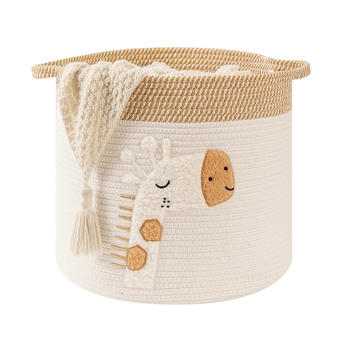 Large Blanket Baskets for Living Room Decor, Toy Storage Baskets Woven Cotton Rope Storage Basket for Kids, Dog Toys Organizer Clothes Hamper with Embroidery Decor for NurseryLaundry (Large, Giraffe)-Ruum Studio Home