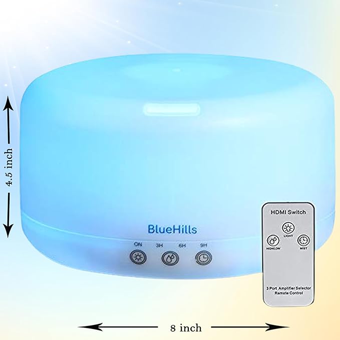 BlueHills Premium 1000 ML XL Essential Oil Diffuser Aromatherapy Humidifier with Remote for Large Room Home 18 Hour Run Huge Coverage Area 1 Liter Mood Lights Extra Large Capacity White D001-Ruum Studio Home