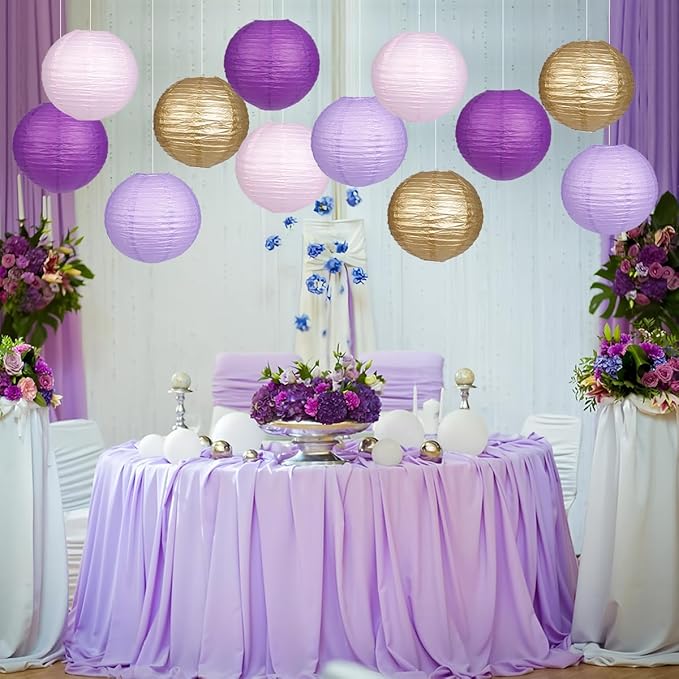 Paper Lanterns Purple Gold Round Hanging Chinese Lanterns for Birthday Baby Shower Bachelorette Party Decorations Pack of 12-Ruum Studio Home