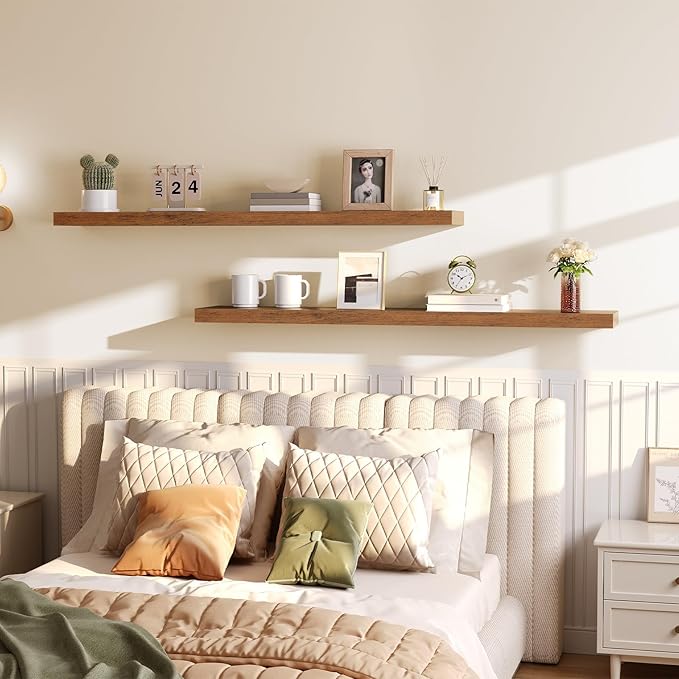 HOOBRO Floating Shelves for Wall, Wall Mounted Shelf Set of 2, 55" Hanging Shelf with Invisible Brackets, for Wall in Bathroom, Bedroom, Toilet, Kitchen, Living Room, Office, Rustic Brown BF140BJP201-Ruum Studio Home