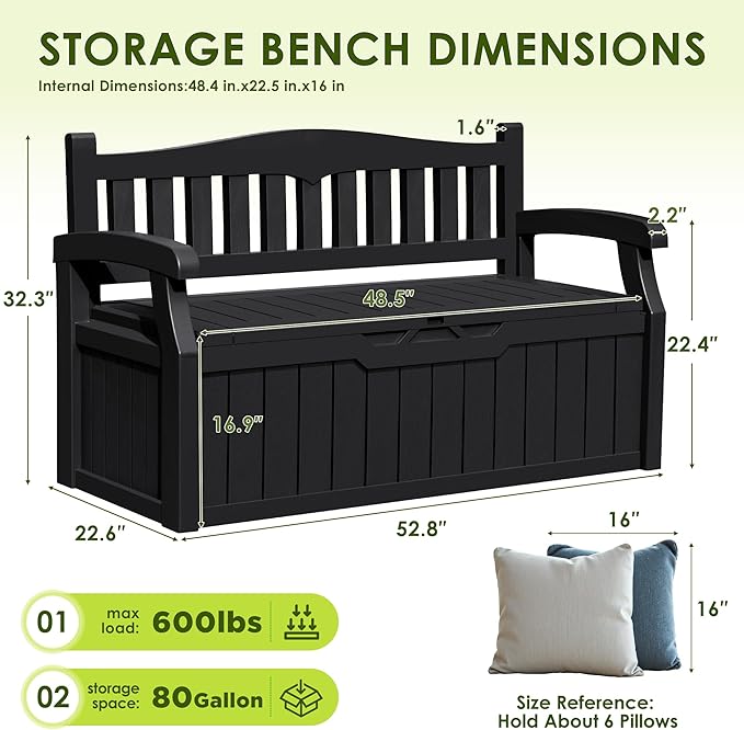 Greesum 80 Gallon Outdoor Storage Bench, Resin Patio Furniture with Armrest,Waterproof and UV-Resistant, Perfect to Garden, Poolside and Lawn, Dark Black-Ruum Studio Home