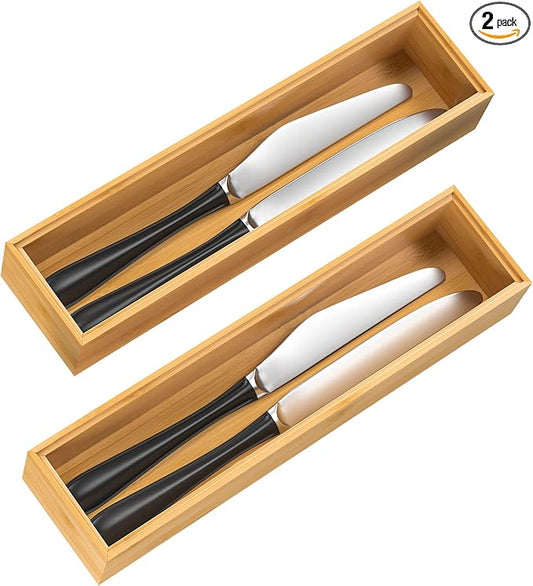 Silverware Tray for Drawer, Stackable Kitchen Bamboo Drawer Organizer 12" x 3" x 2" Set of 2-Ruum Studio Home
