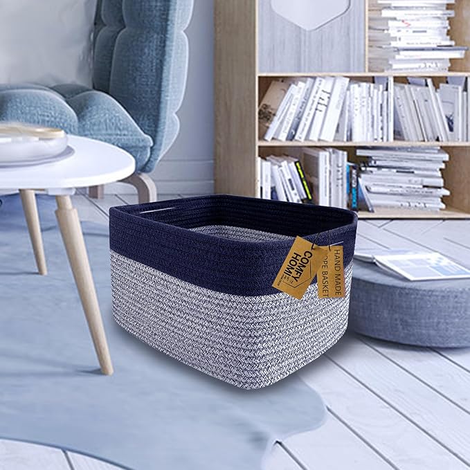 COMFY-HOMI 3PACK Rectangular Cotton Rope Basket With Handles for Shelves|Dog Toy|Baby Gift - Dark Blue (13.5" x 11" x 9.5")-Ruum Studio Home