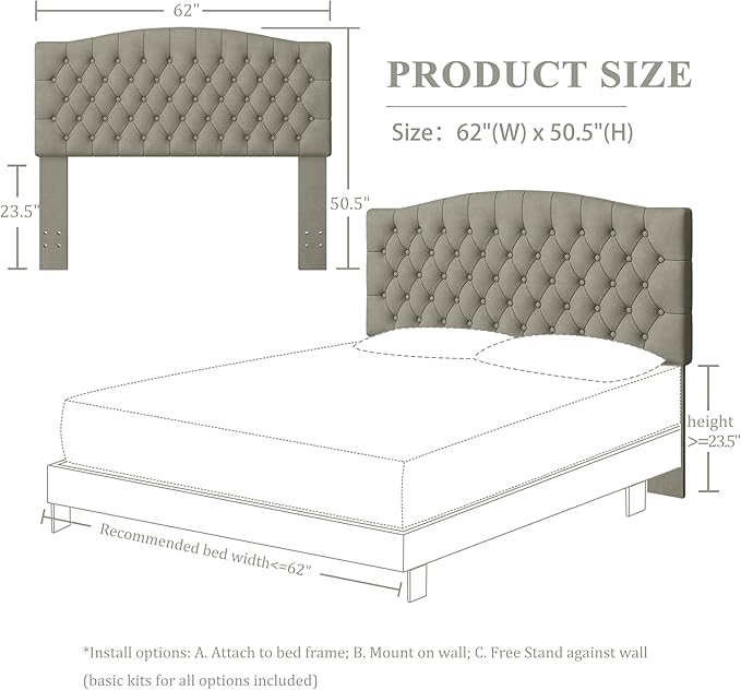 Velvet Upholstered Headboard Queen/Full Size Latest Model Wall Mount, Bed Frame Mount, Featuring High-Density Sponge Padding, Luxury Texture Easy Assembly Comfort and Style-Taupe-Ruum Studio Home