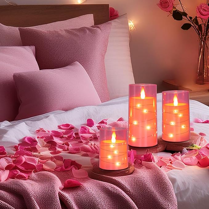 Aignis Flickering Flameless Candles Battery Operated Candles LED Candles with Remote Timer for Home/Wedding/Birthday/Holiday Decor, Cherry Blossom Pink 3D Flame Set of 3 (D3 xH4 5" 6")-Ruum Studio Home