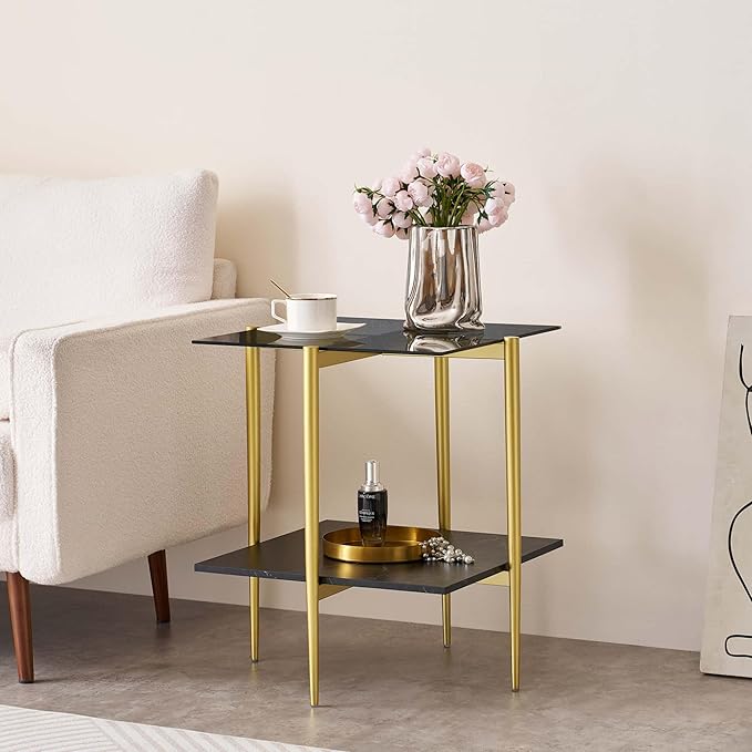 Glass End Table, Mid-Century Modern Design Sofa Table, for Living Room, L18 x W18 x H23 in, Clear Glass Top and Walnut MDF Shelf, Sleek Conical Metal Legs with Gold Finish Frame-Ruum Studio Home