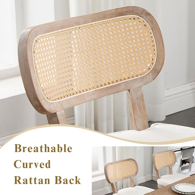 Rattan Dining Chairs Set of 2, Linen Fabric Farmhouse Dining Room Chairs with Cane Back Curved Backrest Kitchen Chairs Rustic Armless Side Chairs for Dining/Living Room/Restaurant, Beige-Ruum Studio Home