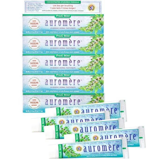 Auromere Ayurvedic Herbal Toothpaste, Fresh Mint - Vegan, Natural, Non GMO, Flouride Free, Gluten Free, with Neem & Peelu (4.16 oz), 5 Pack-Ruum Studio Home