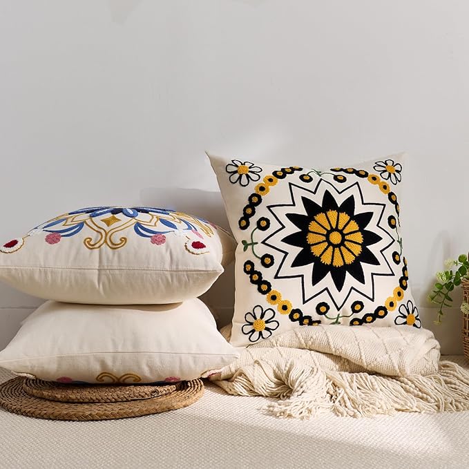 Embroidered Throw Pillow Cover 18x18 Classic Boho Floral Pattern Pillows Cover Outdoor Decorative Pillowcase,Durable Cozy Textured Cushion Case for Sofa Couch Bed Living Room,Black Orange-Ruum Studio Home