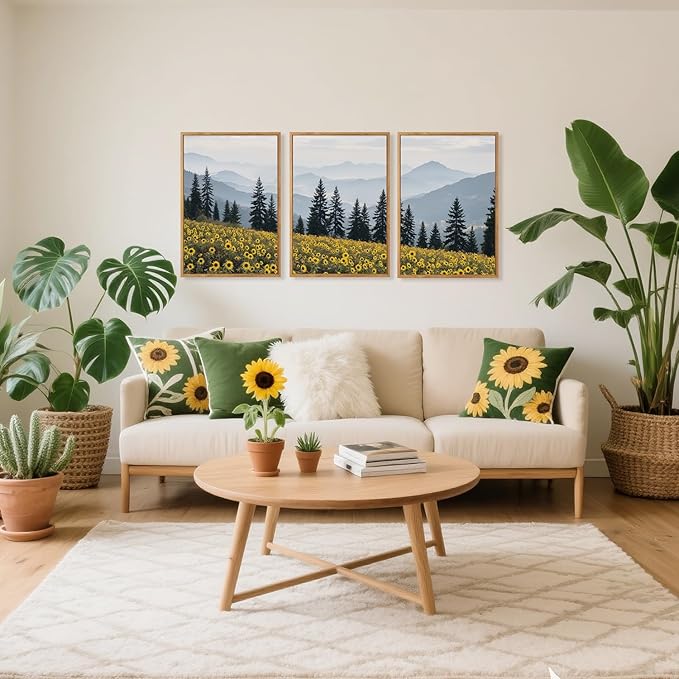 HPINUB Boho Sunflowers Landscape Framed Canvas Wall Art Set,Nature Pine Tree Wall Decor,Abstract Flowers Artwork Rustic Mountain Misty Forest Art Print for Living Room,Bedroom,Office-16 x24 x3-Ruum Studio Home