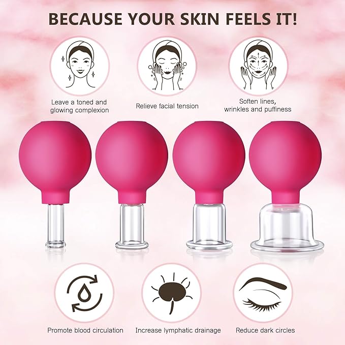 4 Size Facial Cupping Therapy Set Glass, Eye Face Vacuum Massage Anti Cellulite Cup - Silicone, for Beauty Body Cup Lymphatic Fascia Massager (Gift Box Packaging-red)-Ruum Studio Home