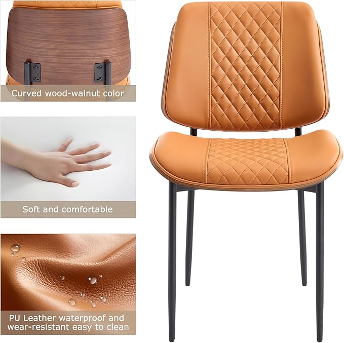BV Dining Chairs Set of 2, PU Leather Armless Kitchen Chair in Modern Walnut Style, Mid Century Bentwood Side Chair with Metal Legs, Retro Accent Guest Chair for Kitchen Dining Room(Brown)-Ruum Studio Home