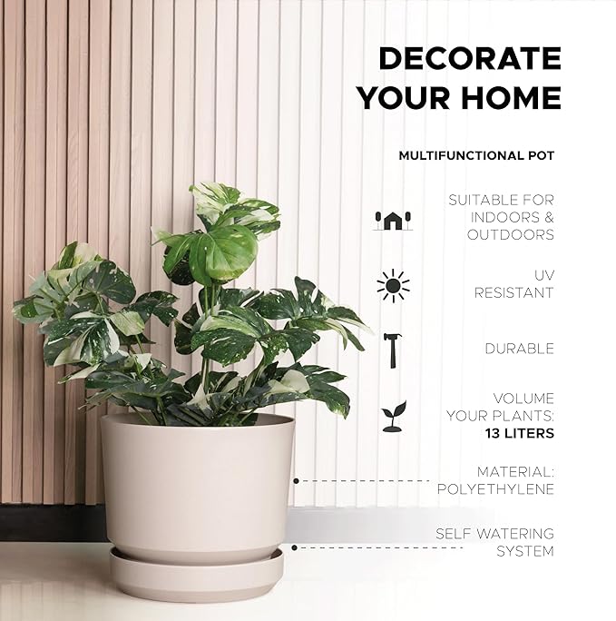 Elly Décor 14 inch Plastic Cylinder Planter Pot with Self-Watering Saucer and Drainage Hole,Lightweight & Extremely Durable, 14"x 14", Ivory-Ruum Studio Home