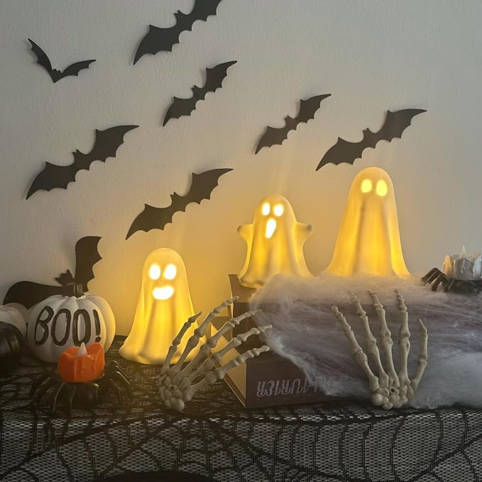 3 Pack Halloween Ceramic Ghost Decor, Light Up Ghost Halloween Decor, Cute Ghost Figurines for Table Tray Fireplace Home Indoor Decoration-Ruum Studio Home
