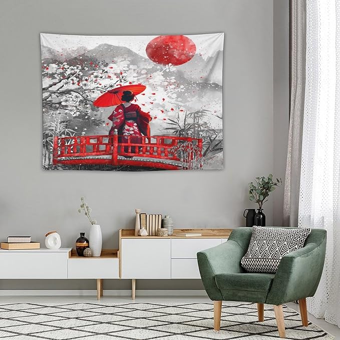 Japanese Red Geisha Tapestry Asian Cherry Blossom Red Sun Traditional Kimono Folk Tapestries Home Decor for Living Room Bedroom Apartment Farmhouse Dorm 40"x30"-Ruum Studio Home