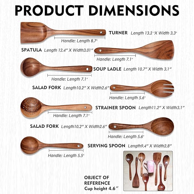 Wooden Non-Stick Kitchen Pan Toolset 7 Pieces Set,100% Natural Teak Kitchen Utensils Spatula, Wooden Cooking Utensils Spoons, Fried Spatula and Salad Fork-Ruum Studio Home