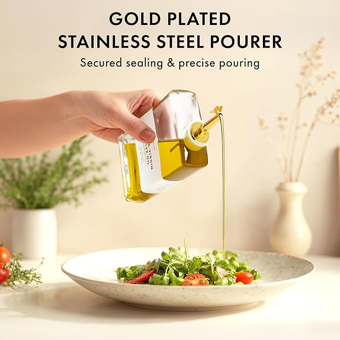 Glass Olive Oil Dispenser Bottle Set [2x17oz]: 36 Premium Gold Labels, Oil Dispenser for kitchen, Vinegar Bottle Set, Glass Dispensers for Soy Sauce, Syrup Bottles | Set of 2-Ruum Studio Home